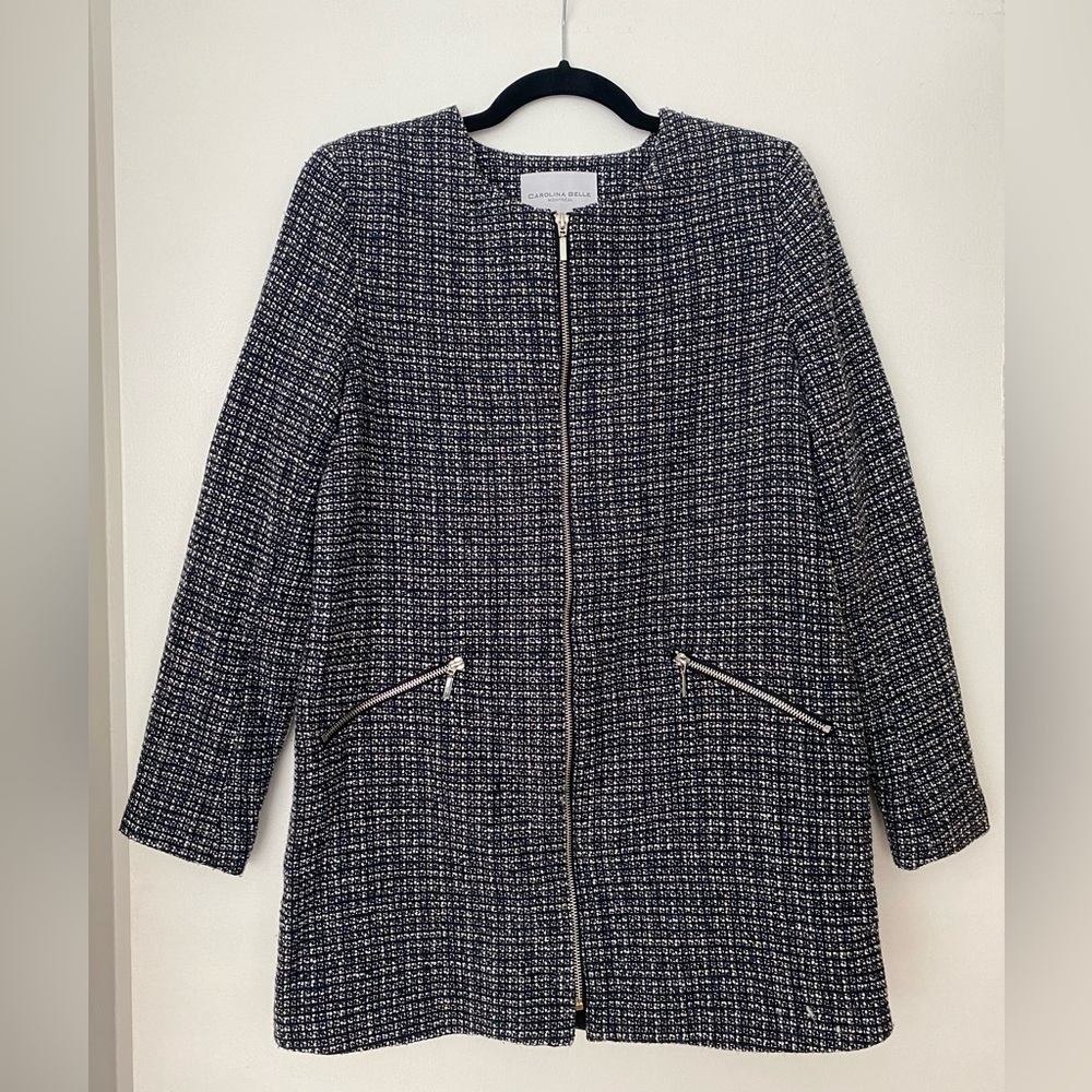 Carolina Belle - Black/Blue/White Knit Detail Above-The-Knee Length Coat